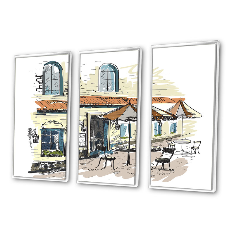 Street Café - 3 pièces, cadre flottant, impression sur toile, L 36 po x H 28 po, Cadre blanc