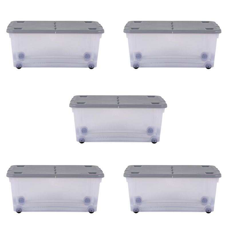Wham 32L Box with Wheels & Folding Lid Pack of 5 Clear/Cool Grey