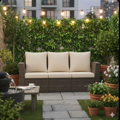 All-Weather Wicker 3-Seat Patio Sofa with Thick Beige Cushions and Durable Black Frame for Outdoor Comfort