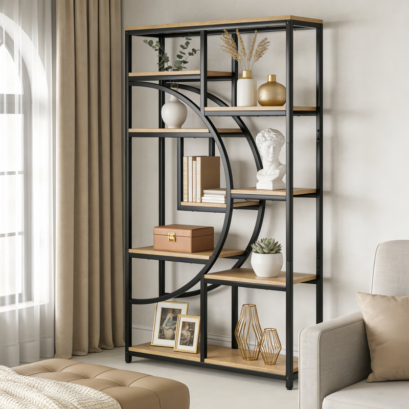 175cm H x 95cm W Iron Etagere Bookcase, Light Brown/Black