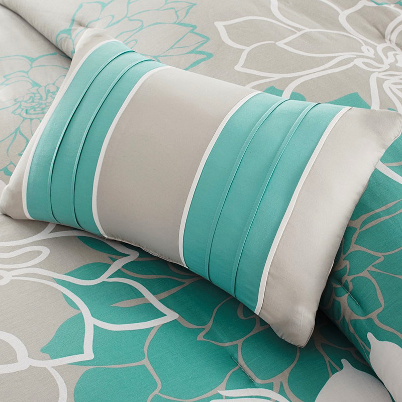 Édredon très grand imprimé en coton, 3 coussins brodés, jupe de lit ornée d'un motif floral