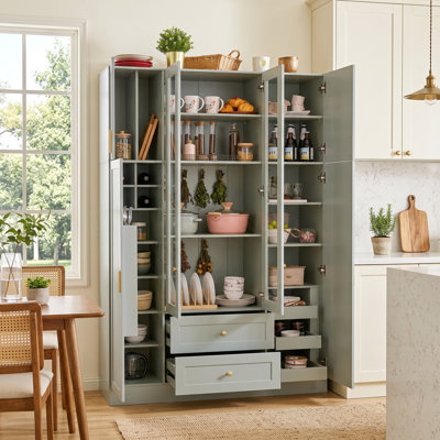 Meuble de cuisine autoportant de 53,2 po avec casier à vin et profondeur pour appareils électroménagers, buffet moderne tout-en-un avec comptoir-bar à café, portes d'exposition en acrylique et plateaux coulissants