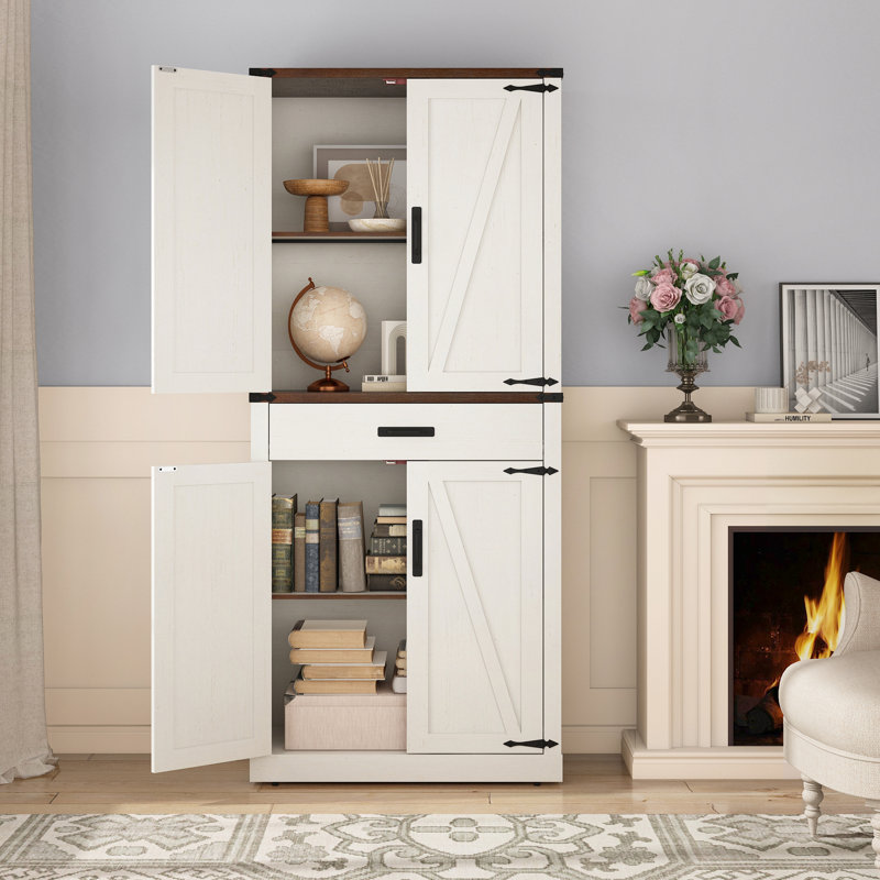 72" Farmhouse Kitchen Pantry Cabinet,4 Barn Doors, Storage Cabinet For Kitchen, Dining Room, Living Room, White