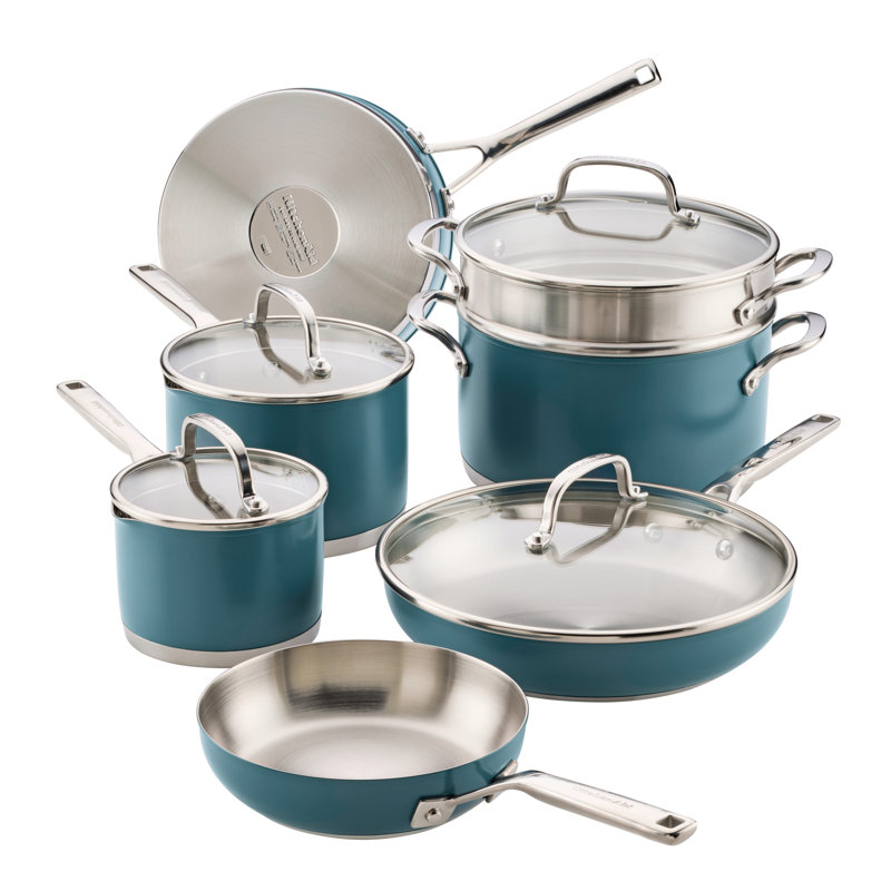 Kitchenaid Color-Finished Stainless Steel 3-Ply Base Cookware Set, 11-Piece, Agave, Blue