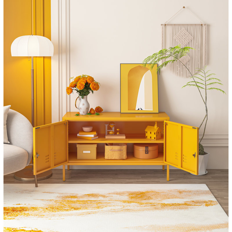 Large armoire de rangement verrouillable en métal avec 2 portes et 2 tablettes réglables à 2 niveaux, console multimédia multifonctionnelle pour le salon