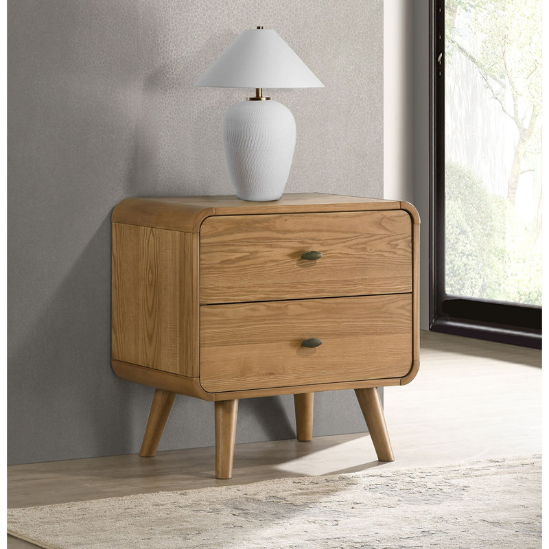 Table de chevet 2 tiroirs avec deux ports USB, bois de frêne clair