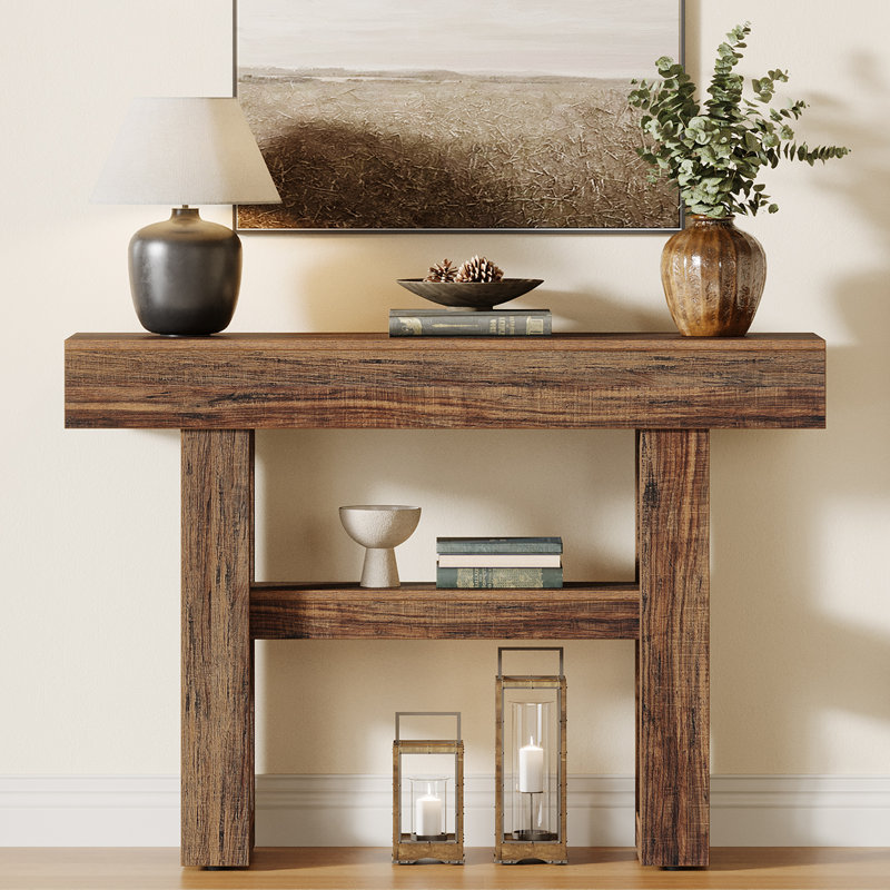 41.34'' Farmhouse Entryway Console Table With Storage Shelves, 2-tier Narrow Sofa Table With Sturdy H-shaped Legs, Brown
