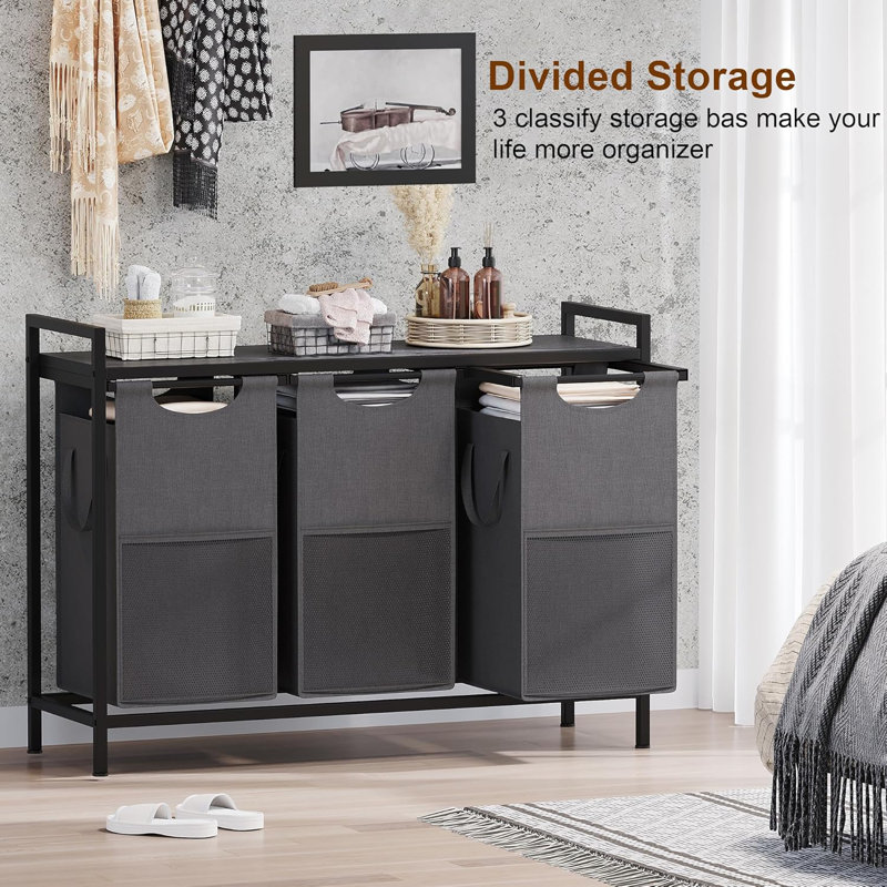 Heybly 3-Bag Laundry Hamper With Storage Shelf - Large Capacity Pull-Out Laundry Sorter For Laundry Room, Bathroom, And Dorm Organization