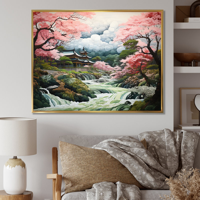 Asian Art Zen Garden III - impression, H 16 po x l 32 po x P 1 po, Cadre flottant doré
