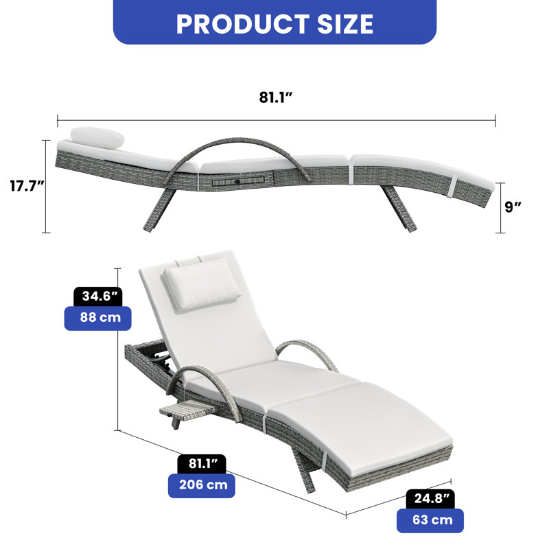 Weather-Resistant Rattan Lounger with Adjustable Backrest and Side Table