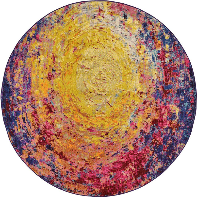 Tapis abstrait jaune / mauve Eddins, Rond 6 pi