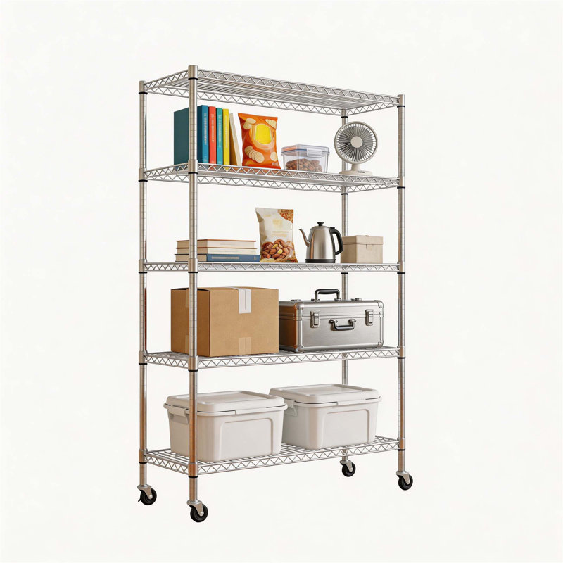 Étagère robuste à 5 niveaux en fil métallique, support de rangement polyvalent en métal d'une capacité de 1650 lb, tablettes réglables, roues et pieds de nivellement pour une utilisation polyvalente