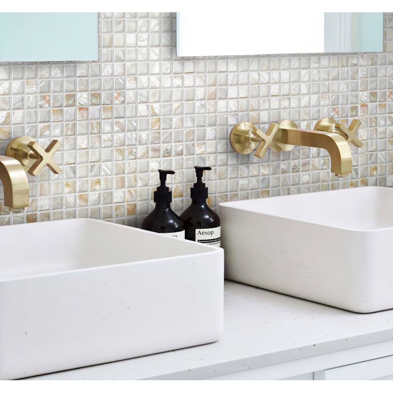 12" x 12" Seashell Grid Mosaic Wall & Floor Tile, White/Beige