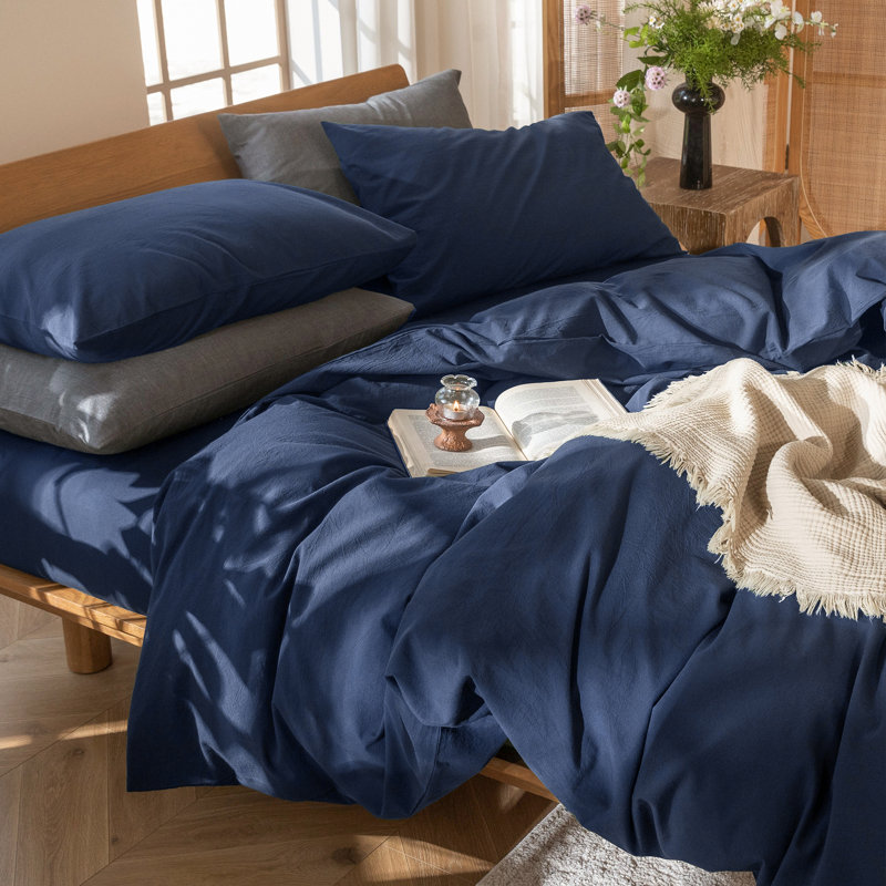 MooMee Duvet Cover Set 100% Washed Cotton Linen Like Textured Lightweight, Queen Duvet Cover + 2 Standard Pillowcases, Navy