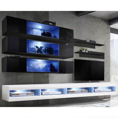 Longfellow 126" Modern Floating Wall Mounted Entertainment Center with 16-Color LED Lighting, High Gloss Finish