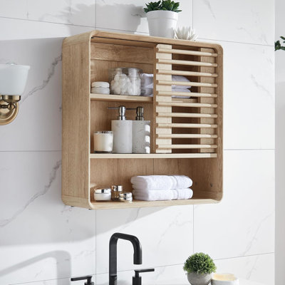 Slatted Wall Mount Cabinet: Mid-Century Oak Bathroom Storage With Adjustable Shelf