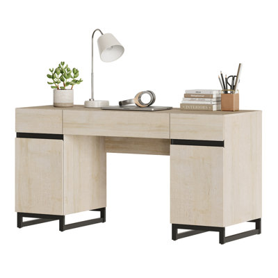 Bureau de direction moderne 59 po avec tiroirs Aadam, bureau d'ordinateur avec station de charge, tiroir-classeur, bureau de rangement en bois pour bureau et bureau