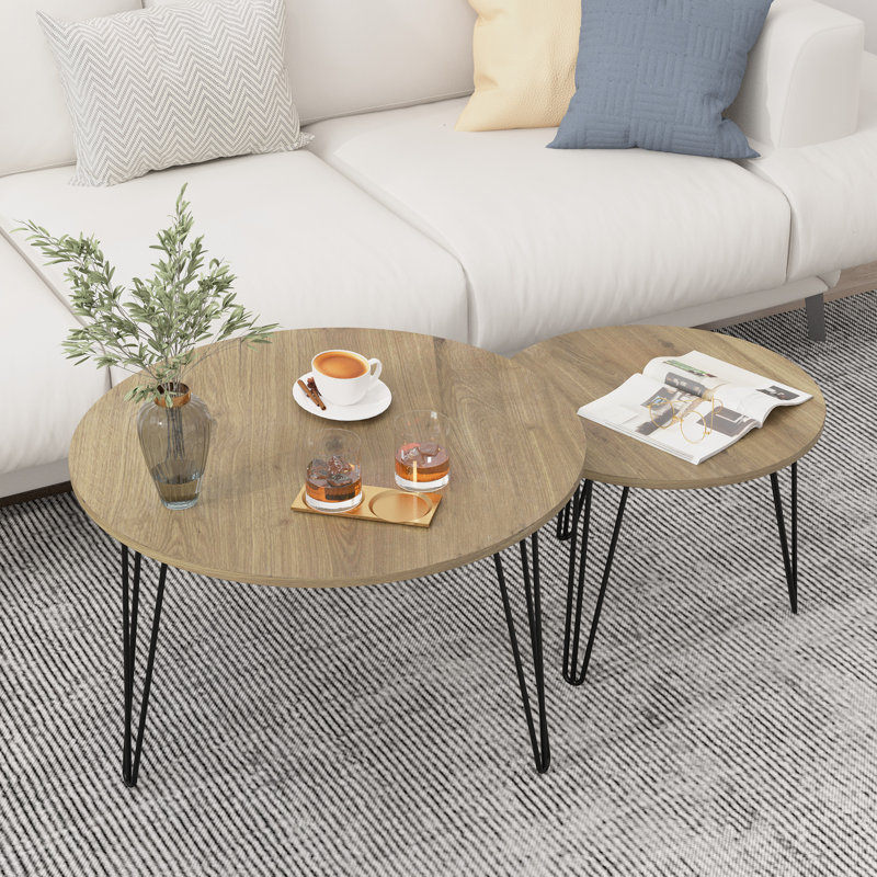 Table basse gigogne ronde 2, 27,27 po, métal, bois, salon, couleur brune 27,27 po sur 2, fabrication. Multifonctionnel pour la chambre à coucher, le bureau.
