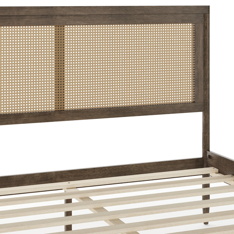 Brown Gray Queen Wood Platform Bed with Rattan Headboard and Footboard