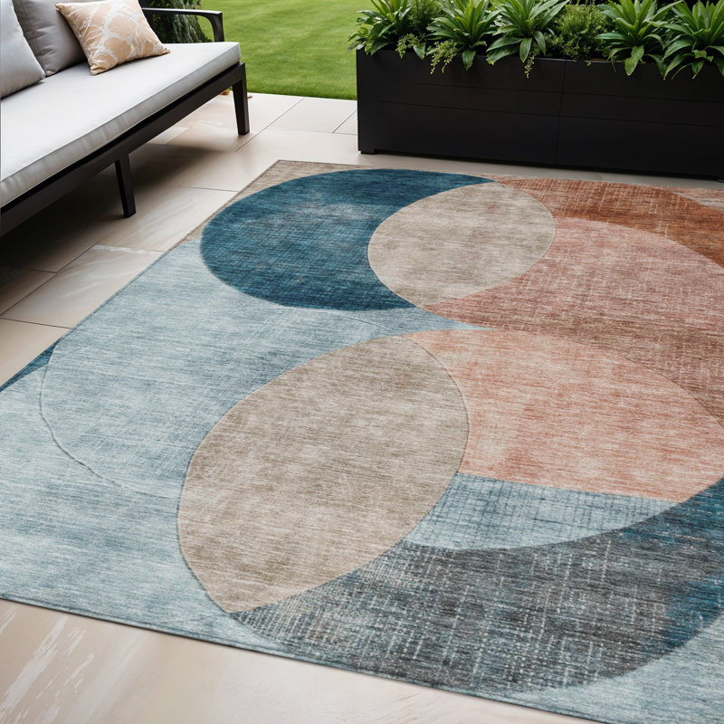Tapis extérieur lavable géométrique beige et bleu sarcelle 5 pi x 8 pi