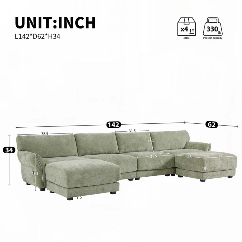 Canapé modulaire de 142 po, forme de U avec coussin de siège extra large, USB et charge de type C de 142 po, Vert