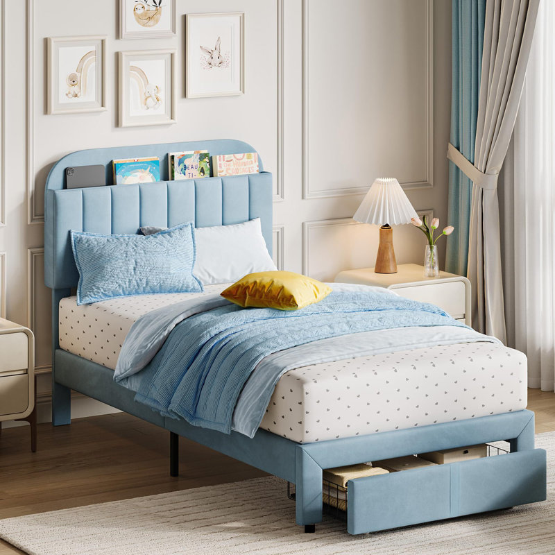 Bed Frame With Drawer, Velvet Upholstered Platform Bed Frame With Storage Headboard, Blue