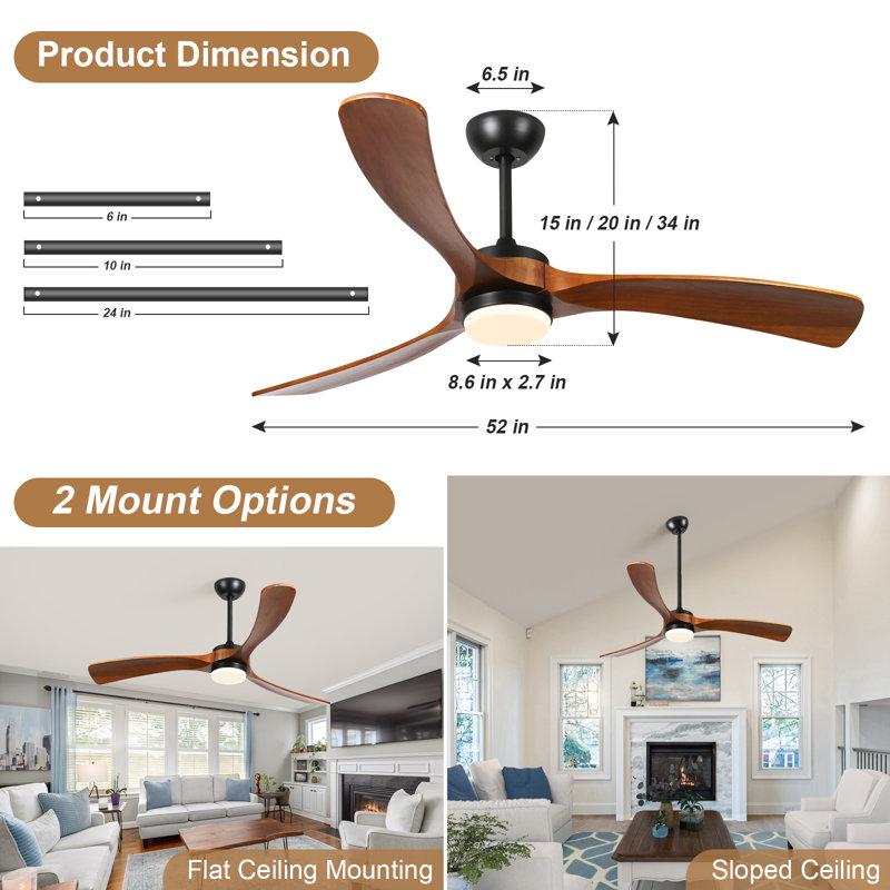 52 Inch Smart Ceiling Fan With Lights And Remote/APP Control, Compatible With Alexa/Google  3 Blade Walnut-Colored Solid Wood