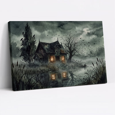 «Haunted House Reflection in Moonlit Swamp», art mural sur toile