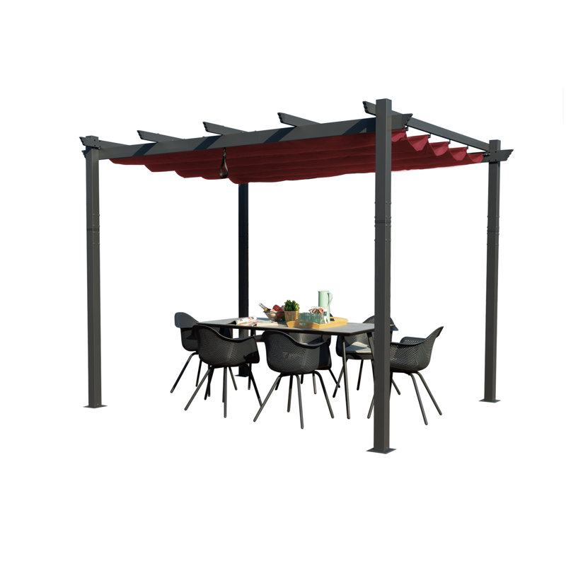 Burgundy Aluminum Outdoor Pergola with Retractable Canopy, 10 ft. x 10 ft.