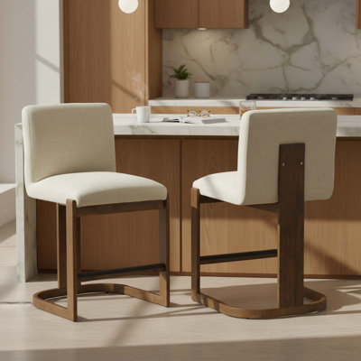 Modern Bar Stools Set of 2, Solid Wood Counter Height with Linen Upholstery