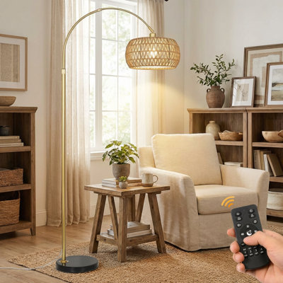 Gold Arc Floor Lamp With Remote & Dimmable Bulb, Boho Rattan Standing Lamp With 3 Color Temperatures, Height Adjustable Tall Lamp For Living Room Bedroom Over Couch Reading