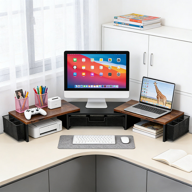 Desk Extendable Dual Monitor Stand Riser With Drawer, Rustic Brown 28“-41"