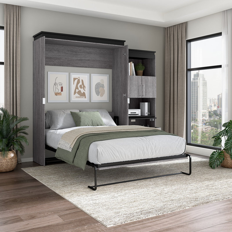 Armiead Murphy Bed with Shelves and Pull-Out out Dewsk, Bark Gray/Graphite, Full/Double