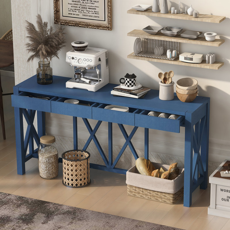 60''Acacia Veneer Console Table with 4 Spacious Drawers, Grey
