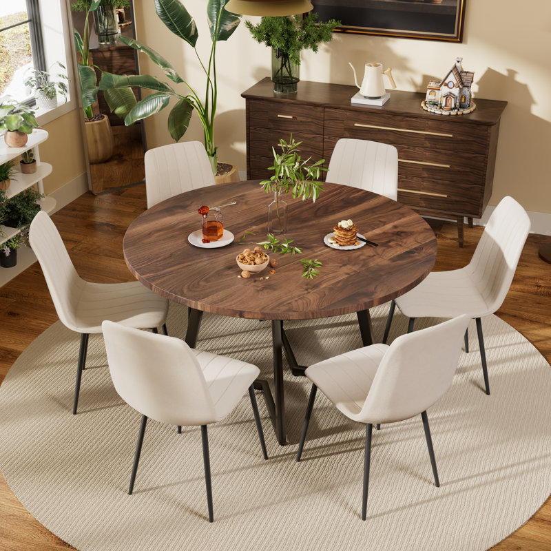 Ensemble de table de salle à manger ronde avec chaises en tissu d'ameublement en velours, 7, Noyer, Beige