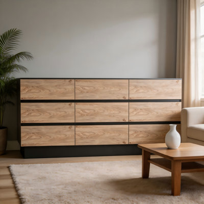 Commode de chambre contemporaine, commode en bois à 9 tiroirs de 62,9 pouces de largeur, meuble de rangement spacieux et meuble télé pour chambres à coucher, vestibules et couloirs