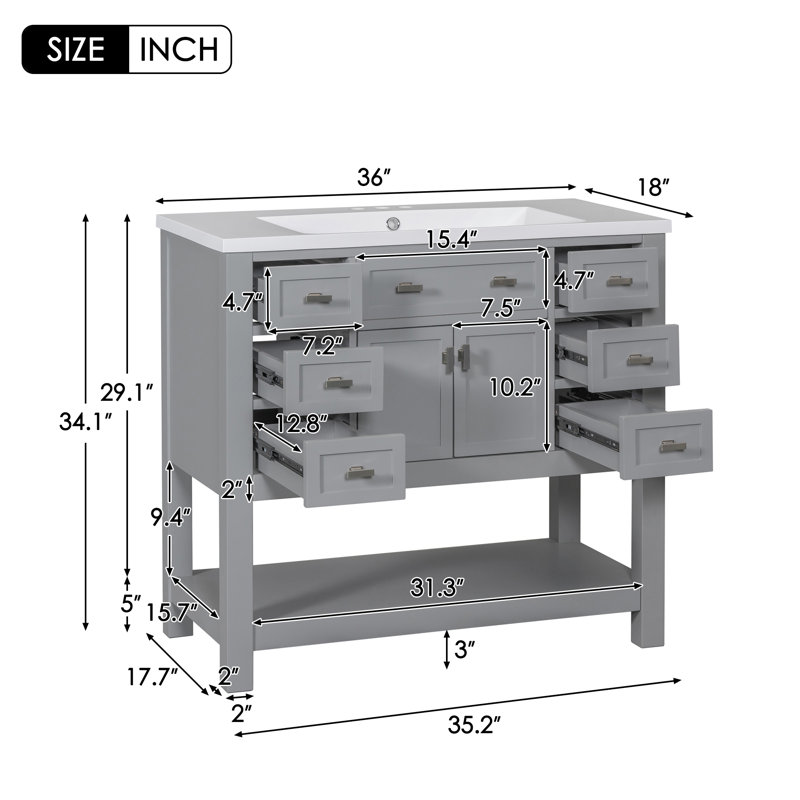 Meuble-lavabo double 36 po avec comptoir en bois manufacturé Aeronwen, gris