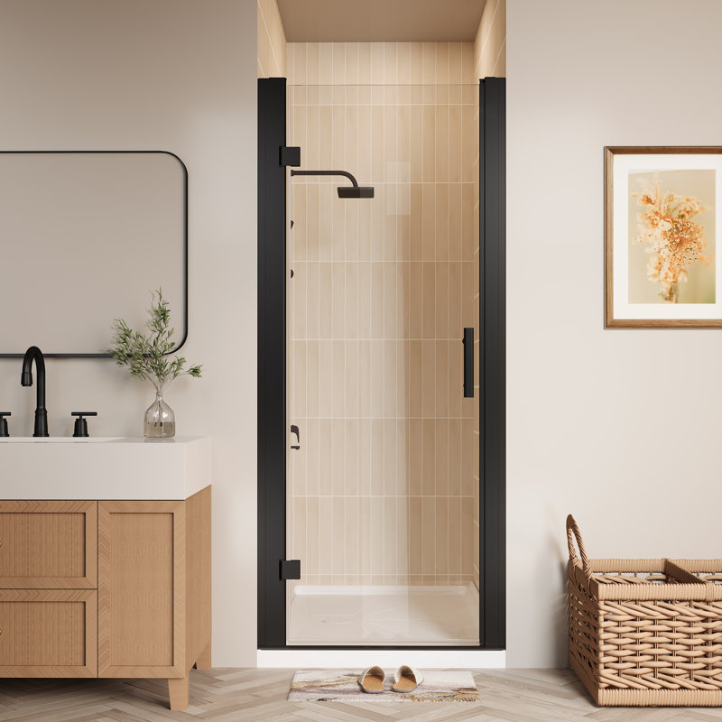 Porte de douche pivotante sans cadre pivotante en noir avec verre transparent, Noir