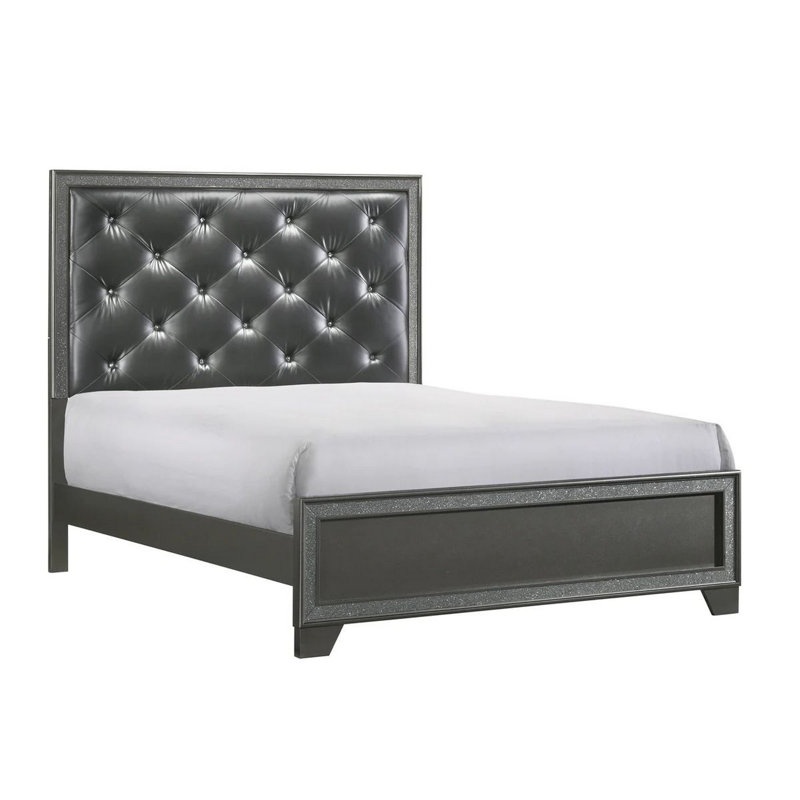 Grand lit Kay, capitonnage en faux diamant, revêtement gris, bordure argentée, bois, Grand