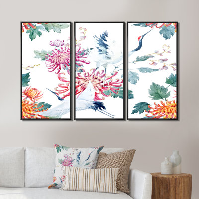 " Crane Bird With Flowers And Plants " 3 - Pieces Painting Print