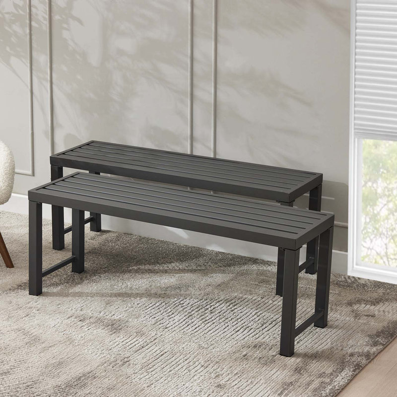 Ensemble de 2 bancs de jardin d'extérieur en métal, banc de patio sans dossier, bancs de parc imperméables pour jardins, patios