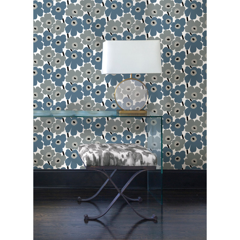 Pieni Unikko 18' L x 20.8" W Peel and Stick Wallpaper Roll, Blue/Gray