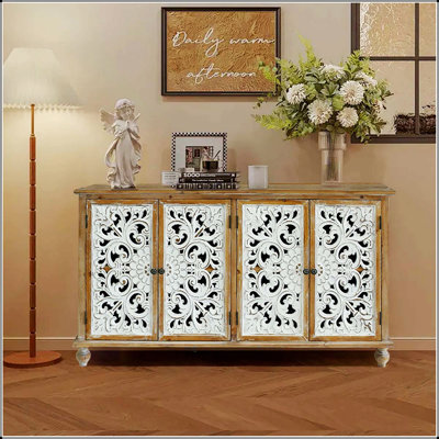 Buffet à 4 portes Farmhouse, motif floral sculpté en bois pour un rangement élégant