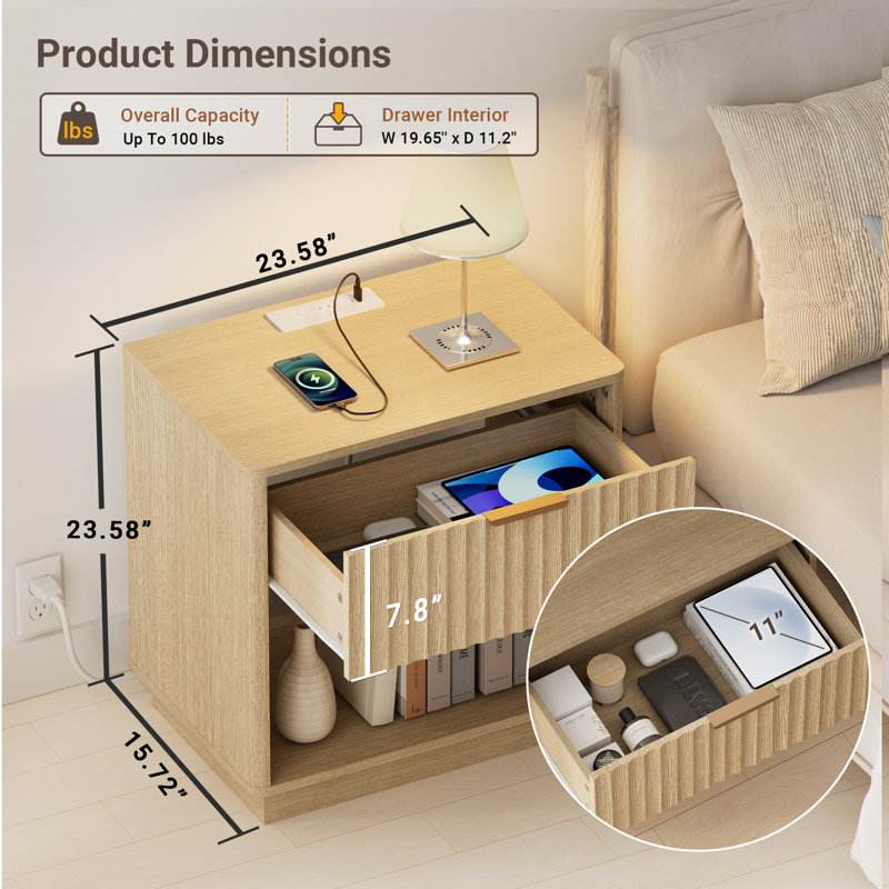 Schaitman 23.6''W Drawer Nightstand with Charging Station Outlet, Fluted Wood Nightstand with Open Shelf Cubby for Bedroom Living Room