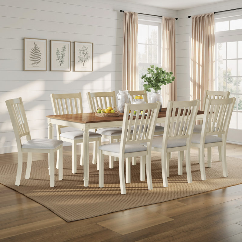 Deral 8 - Person Farmhouse Rectangular Solid Wood Dining Set,Brown/White, Brown/White, White/Gray