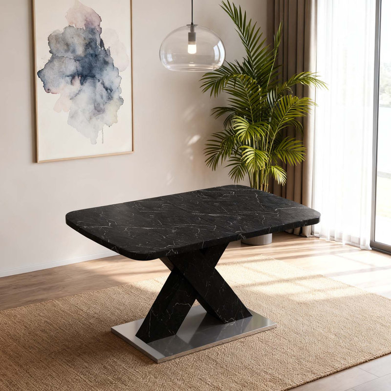 Table de salle à manger rectangulaire moderne avec plateau extensible et pieds en X durables, Noir, Noir