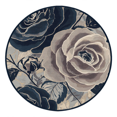 Machine Washable Parrilla Tea Rose French Floral Rug in Beige – Navy Binding