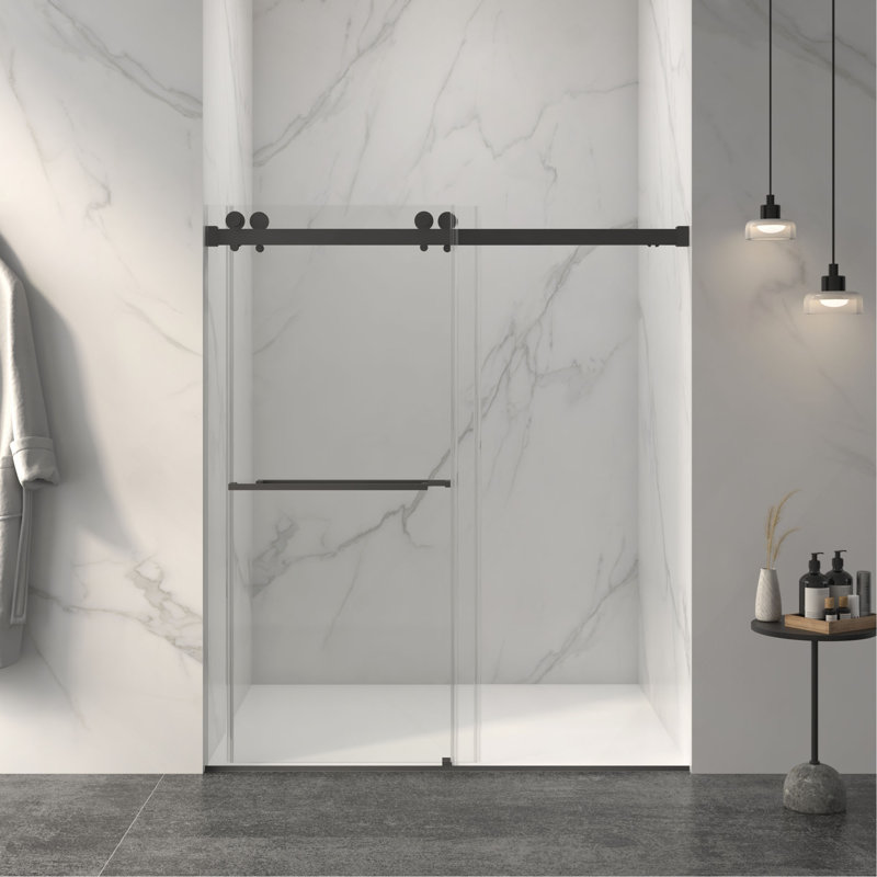 Porte de douche coulissante double sans cadre l 56 à 60 po x H 70 po, verre trempé clair de 5/16 po (8 mm) d'épaisseur, facile à nettoyer, avec tampon