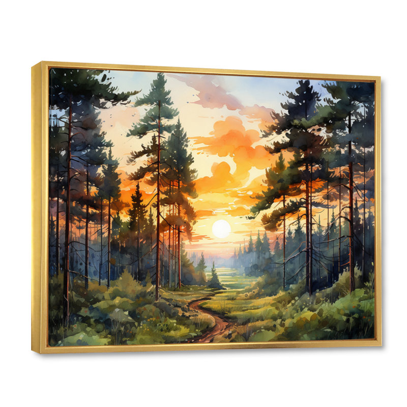«Pine Tree Sunset Glow I», art encadré pin, Cadre flottant doré, H 34 po x l 44 po x P 1,5 po