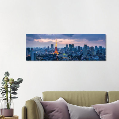 Tokyo Skyline Panorama At Night With Tokyo Tower by Jan Becke - Wrapped Canvas Panoramic Print
